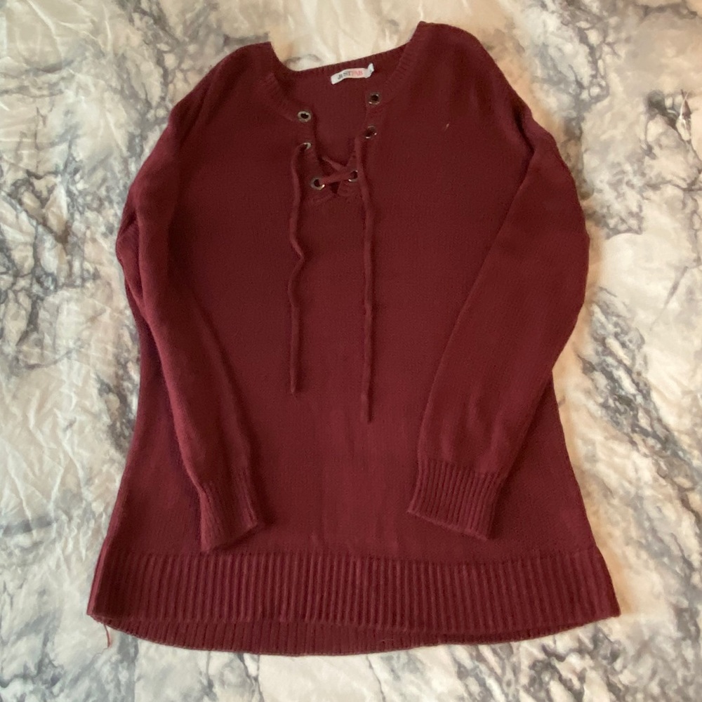 JustFab Women's Oxblood Lace-Up Front Pullover